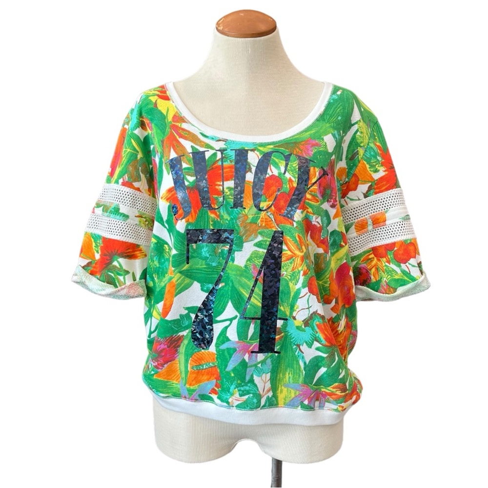 JUICY COUTURE PALM PRINT T-SHIRT TROPICAL RESORT GREEN WHITE TOP CASUAL